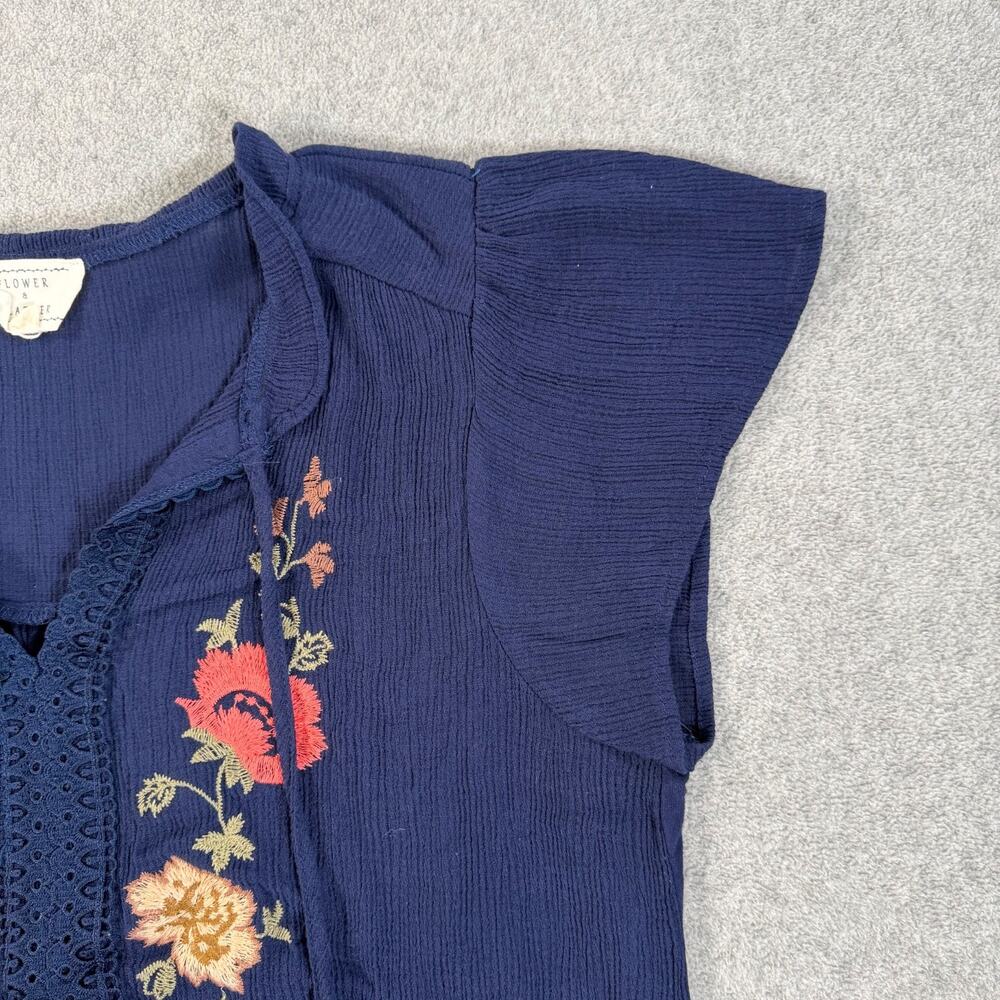 Flower & Feather Gauzy Floral Embroidered Blouse Women's 2XL Navy Blue Boho - Picture 4 of 8